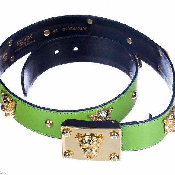 SIGNED ESCADA BRIGHT GREEN LEATHER W PANTHER GOLD TONE DETAILING-MADE IN GERMANY main image 2